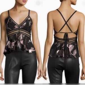 Metallic Floral Fil Coupe Peplum Tank, Black/Camellia
